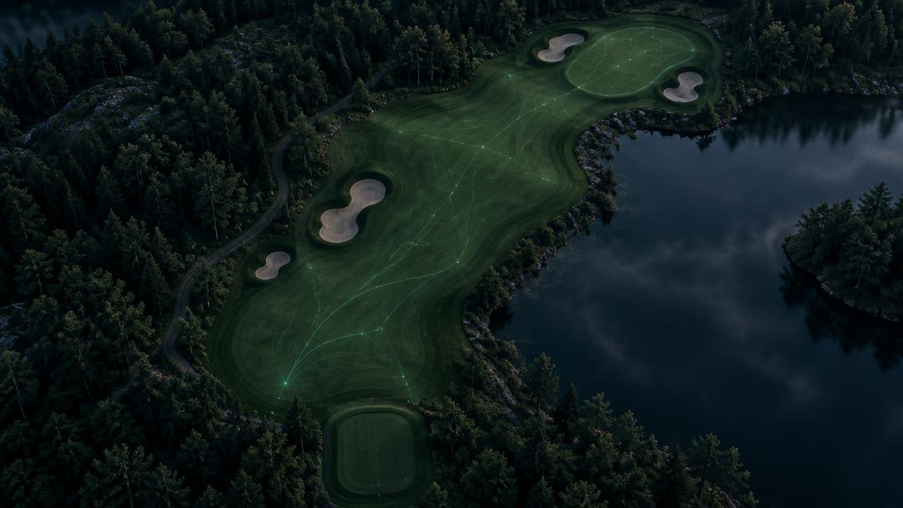 Faint electrical pulses flowing across turf at dawn